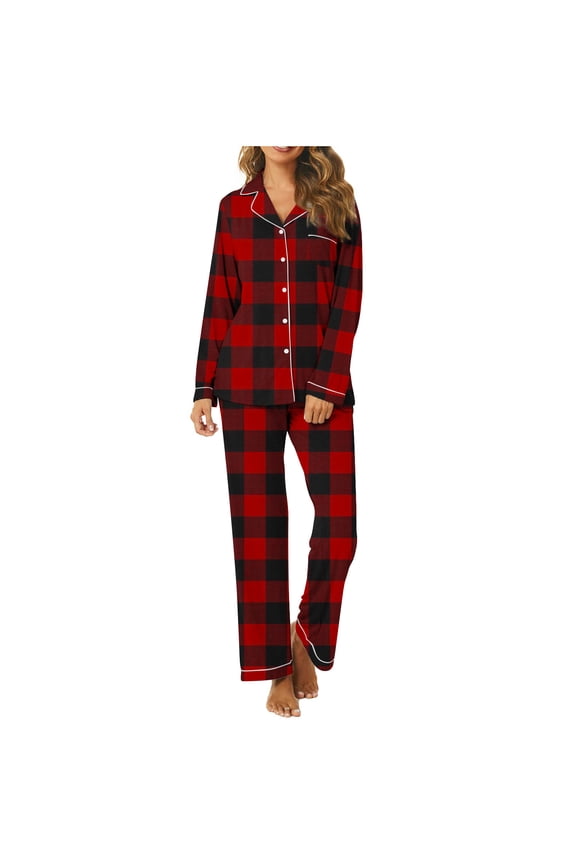 Womens Pajama Set with Pockets Plaid Long Sleeve Classic Button Down Shirt and Cozy Bottom Pj Set,Red XL
