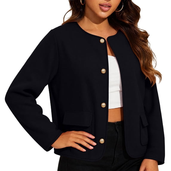 Wyongtao Womens Plus Size Jackets Single Breasted Collarless Cropped Tweed Blazers Dressy Business Fall Coat with Pockets (M, Black)