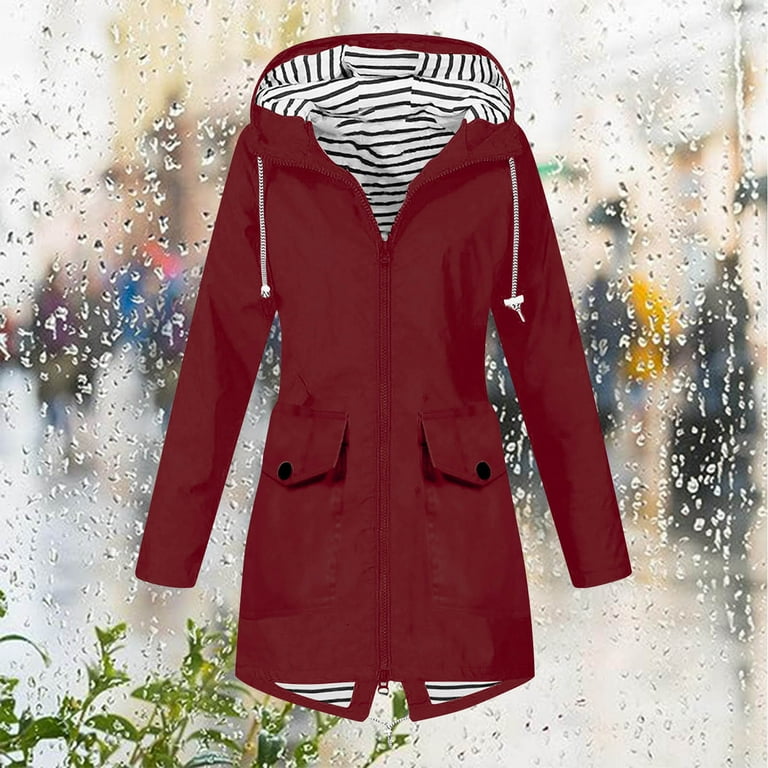 Wyongtao Womens Rain Jacket with Hood Waterproof Lightweight Raincoat Casual Drawstring Zip up Travel Coats with Pockets Wine S Walmart