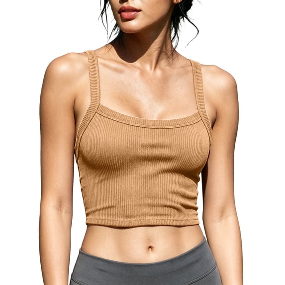 Wyongtao Womens Ribbed Knit Tank Tops Strap Solid Color Slim Fitted Crop Camisole Casual Trendy Sport Going Out Clothes (S, Khaki)