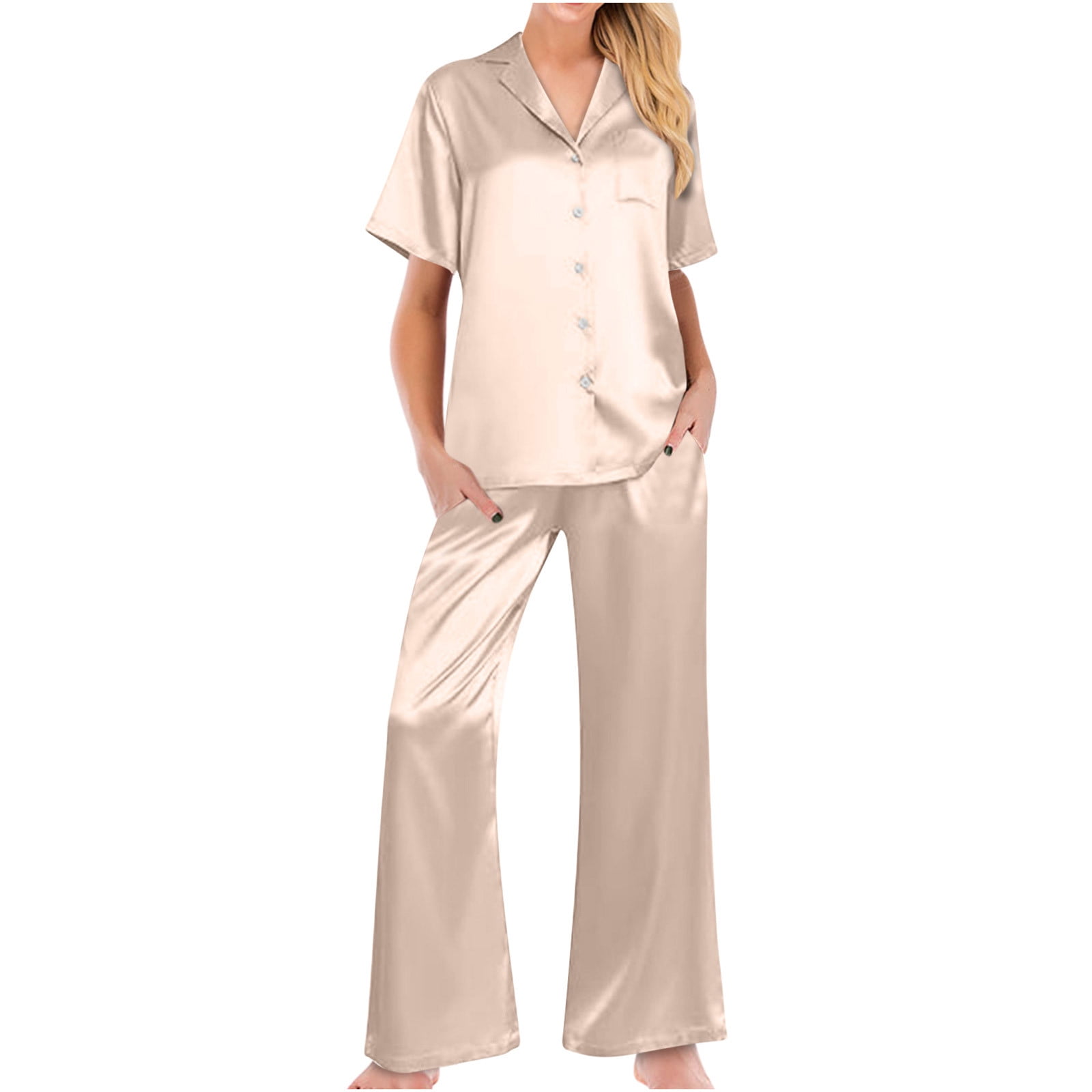 Wyongtao Womens Silk Satin Pajama 2 Piece Outfits Short Sleeve Crop Top And Wide Leg Pants 2387