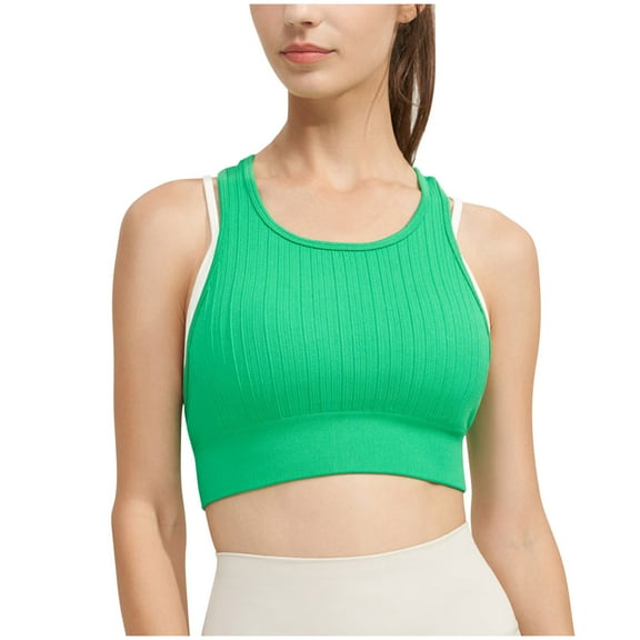 Wyongtao Womens Sports Bra Seamless Long Crop Tank Racer Back Spaghetti Strap Workout Yoga Padded Bra Crew Neck Casual Tops,Green S