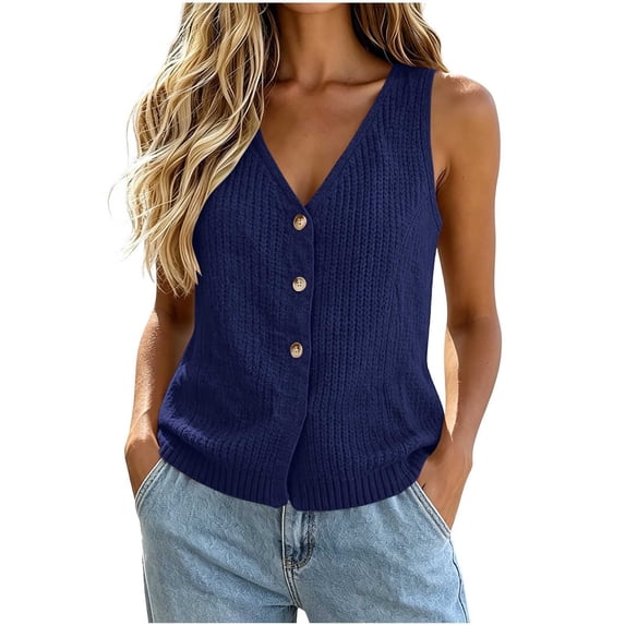 Wyongtao Womens Sweater Vest Knitted V Neck Sleeveless Button Down Cardigan Lightweight Casual Trendy Fall Clothes (2XL, Navy)