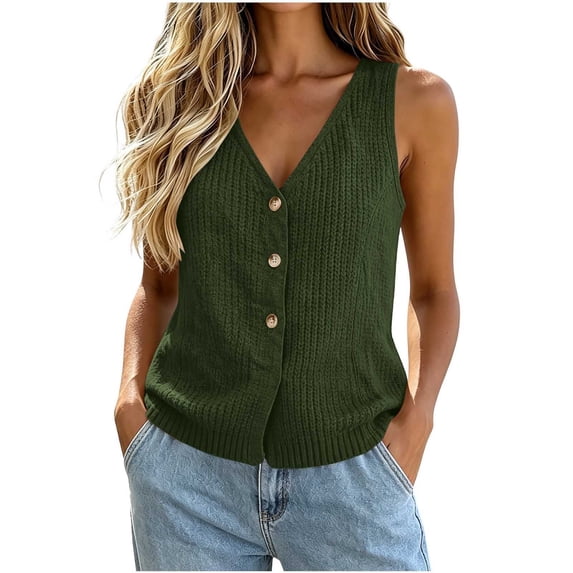 Wyongtao Womens Sweater Vest Knitted V Neck Sleeveless Button Down Cardigan Lightweight Casual Trendy Fall Clothes (L, Green)