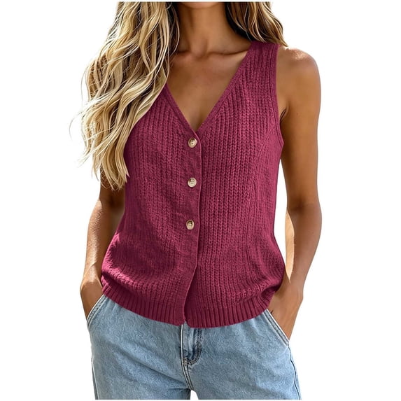 Wyongtao Womens Sweater Vest Knitted V Neck Sleeveless Button Down Cardigan Lightweight Casual Trendy Fall Clothes (XL, Wine)