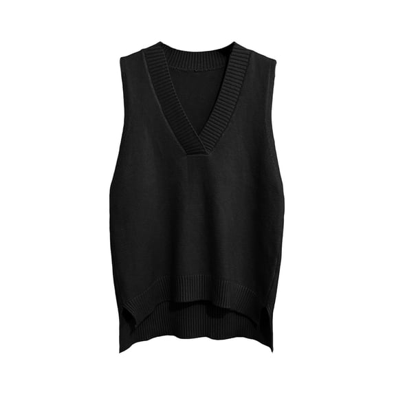 Wyongtao Womens V Neck Sweater Vest Ribbed Knit Solid Color Sleeveless Blouse Irregular Hem Casual Fall Tank Tops (Free Size, Black)