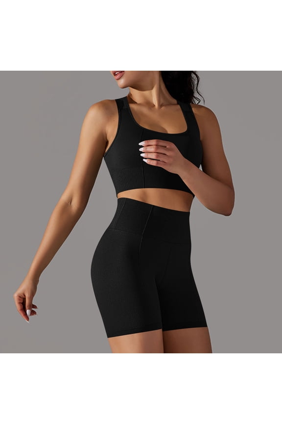 Womens Workout Sets 2 Piece Seamless Yoga Outfits Shorts and Tank Top Matching Gym Athletic Clothing Set,Black L