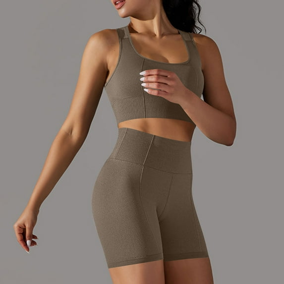 Wyongtao Womens Workout Sets 2 Piece Seamless Yoga Outfits Shorts and Tank Top Matching Gym Athletic Clothing Set,Coffee L
