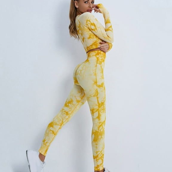Wyongtao Workout Outfits for Women 2 Piece Yoga Set Tie-dye Seamless Ribbed High Waist Leggings with Sports Crop Top,Yellow S