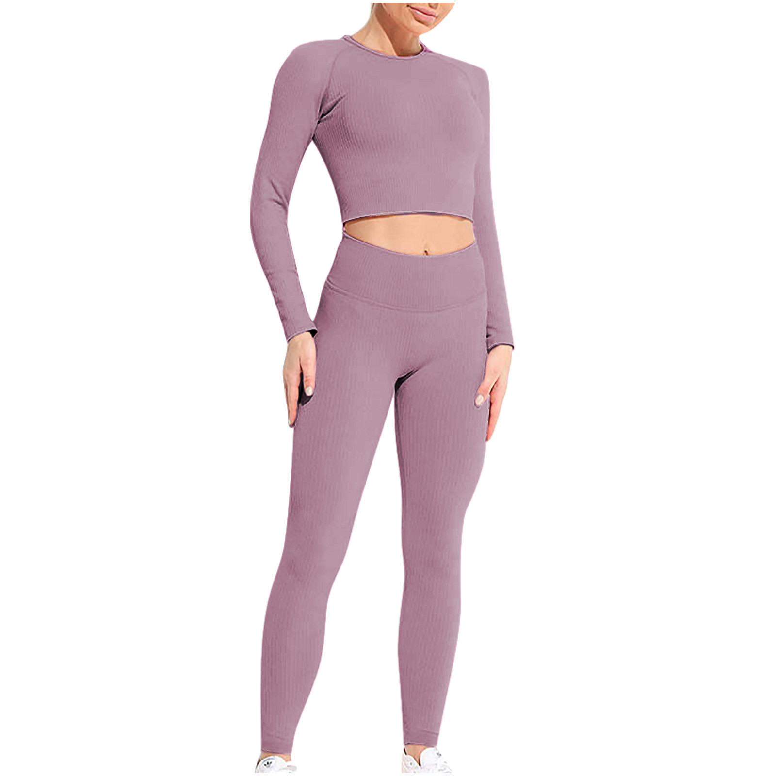 Wyongtao Yoga Workout Outfits for Women 2 Piece Ribbed Seamless Sports Exercise Long Sleeve Crop