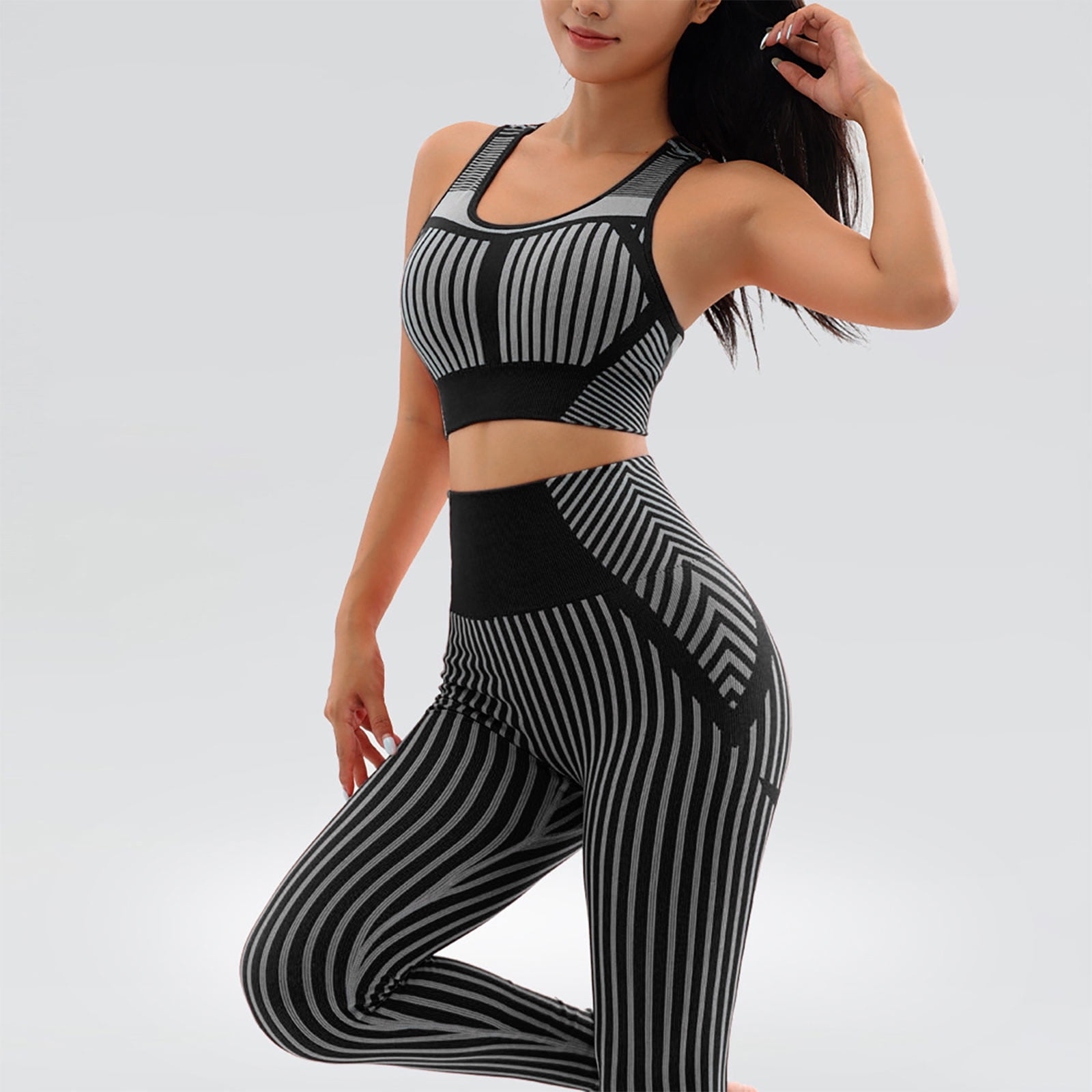 Wyongtao Yoga Workout Outfits for Women 2 Piece Ribbed Seamless Sports Exercise Tank Top and