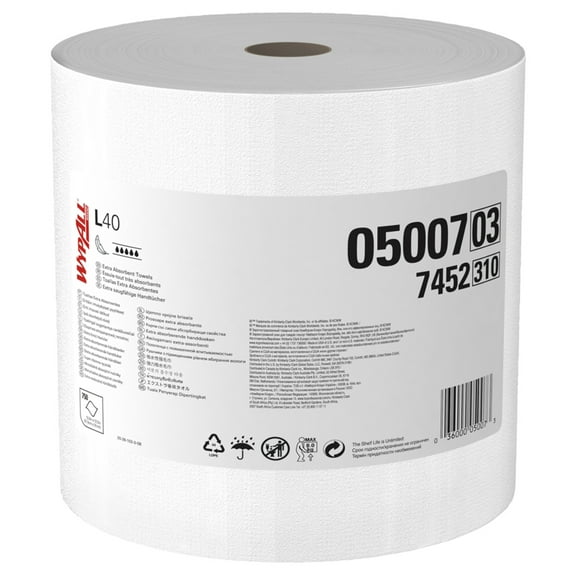 Wypall L40 Towels - 12.50" x 13.40" - 750 Sheets/Roll - White, Blue - Cellulose - Absorbent, Strong, Soft, Disposable - For General Purpose - 750 / Roll