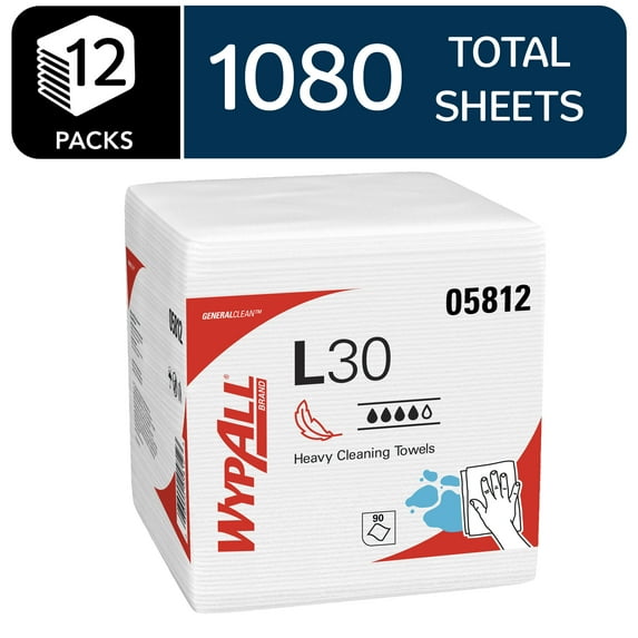 WypAll GeneralClean L30 Cloths Heavy Duty Cleaning Wipes (05812), Quarterfold, Strong and Soft Bulk Paper Wipers, White (12 Packs of 90 Sheets, 1,080 Sheet Total)
