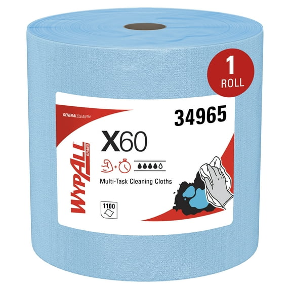 WypAll GeneralClean X60 Cloths Multi-Task Cleaning Wipes, Jumbo (34965), Strong and Absorbent Towels, Blue (1 Roll of 1,100 Sheets, 1,100 Sheet Total)