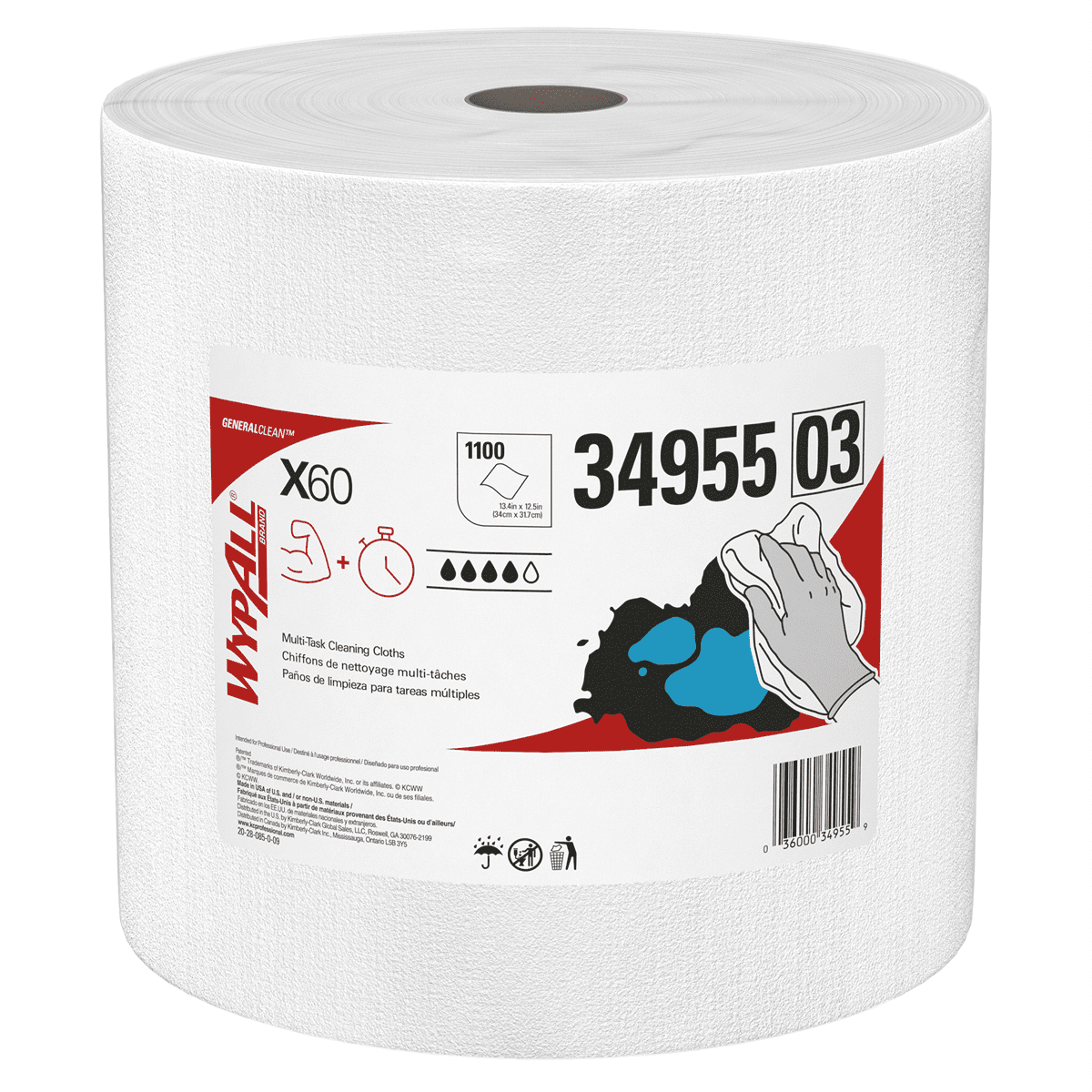 Wypall X60 Reusable Cloths (34955), White, Jumbo Roll, 1100 Sheets