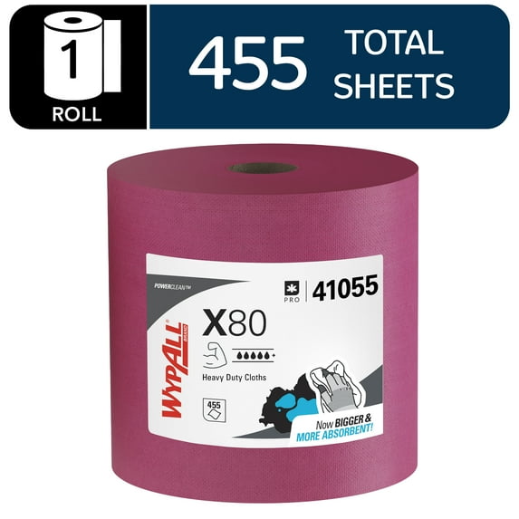 WypAll PowerClean X80 Cloths Heavy Duty Wipes (41055), Jumbo, Extended Use Towels, Red (1 Roll of 455 Sheets, 455 Sheet Total)
