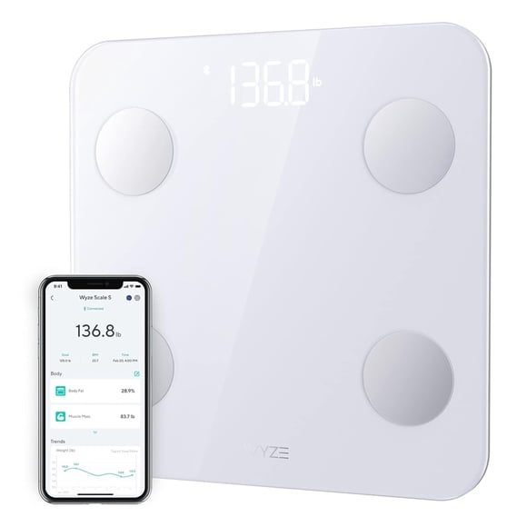 Wyze Scale S, Scale for Body Weight, Digital Bathroom Scale for Body Fat, BMI, Muscle, and Heart Rate, Body Composition Analyzer with App, Batteries Included, Bluetooth, 400 lb, White