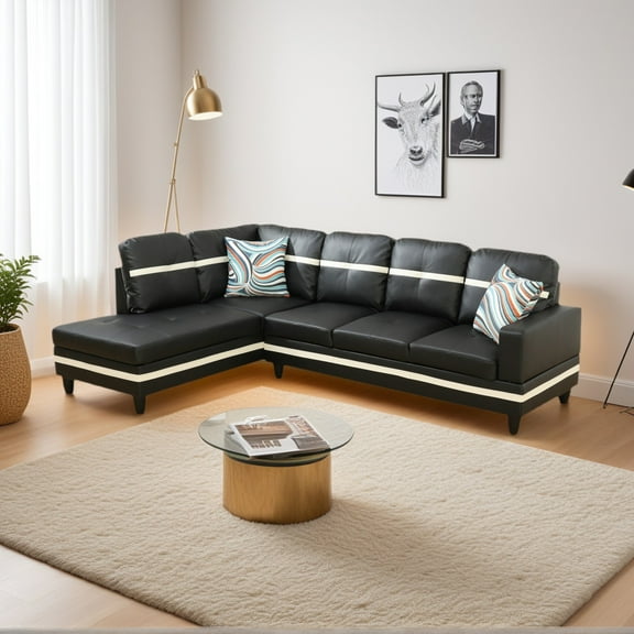 Wzlam Faux Leather 2 Piece Sofa Set with Chaise, L Shaped Sectional Couch Living Room Sofa for Bedrooms, Apartments and Offices, Black and White(Facing Left Chaise)