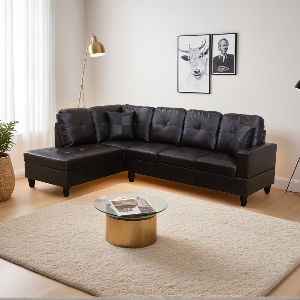 Wzlam Faux Leather 2 Piece Sofa Set with Chaise, L Shaped Sectional Couch Living Room Sofa for Bedrooms, Apartments and Offices, Brown (Facing Left Chaise)