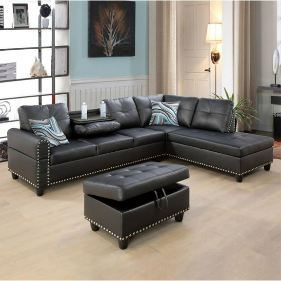 Wzlam Faux Leather 3 Piece Sofa Set with Storage Ottoman, L Shaped Couch Living Room Sofa, Black