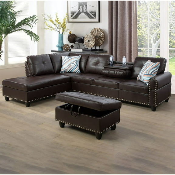 Wzlam Faux Leather 3 Piece Sofa Set with Storage Ottoman, L Shaped Couch Living Room Sofa, Brown