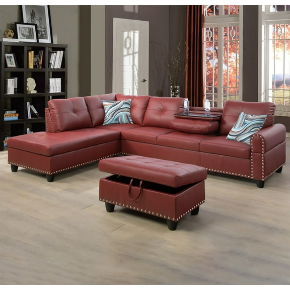 Wzlam Faux Leather 3 Piece Sofa Set with Storage Ottoman, L Shaped Couch Living Room Sofa, Red