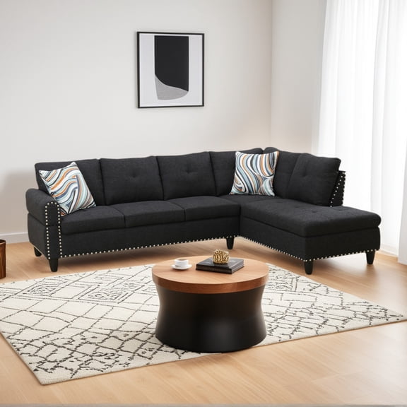 Wzlam Sectional Couch for Living Room Furniture Sets, Black Grey Linen L Shape Chaise, Modern 3 Piece Sofa Sets for Bedrooms, Apartments and Offices(Facing Right Chaise)