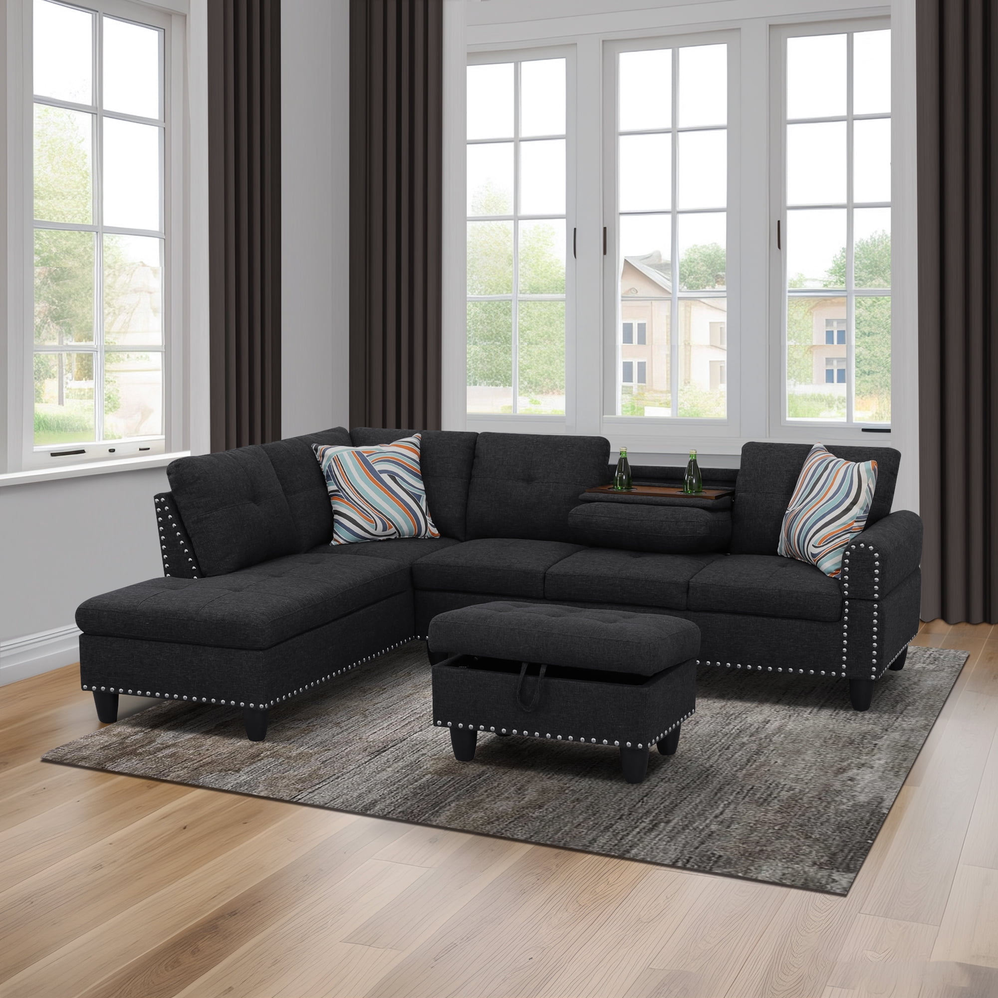Wzlam Sectional Couch for Living Room Furniture Sets, Black Grey Linen L Shape Chaise with Storage Ottoman, Modern 3 Piece Sofa Sets for Bedrooms, Apartments and Offices(Facing Left Chaise)