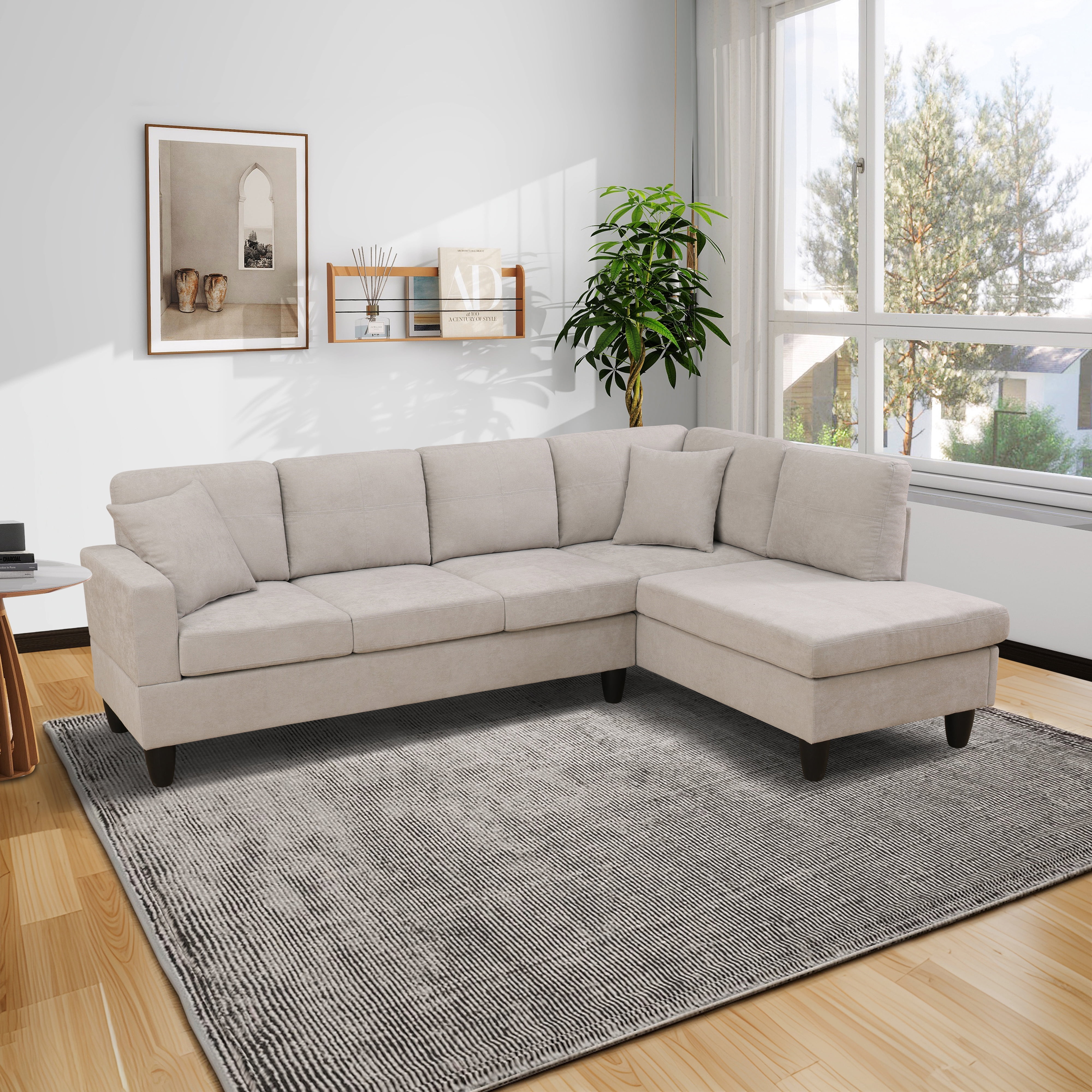 Wzlam Sectional Couch for Living Room Furniture Sets, Off-White Short Fur Fluffy Fabric L Shape Chaise, Modern 3 Piece Small Sofa Sets for Bedrooms, Apartments and Offices(Facing Right Chaise)