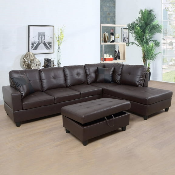 Wzlam Sectional Sofa Modern L Shaped 6 Seat with Storage Ottoman Couch Set, Faux Leather Sofa, Brown, Right Chaise