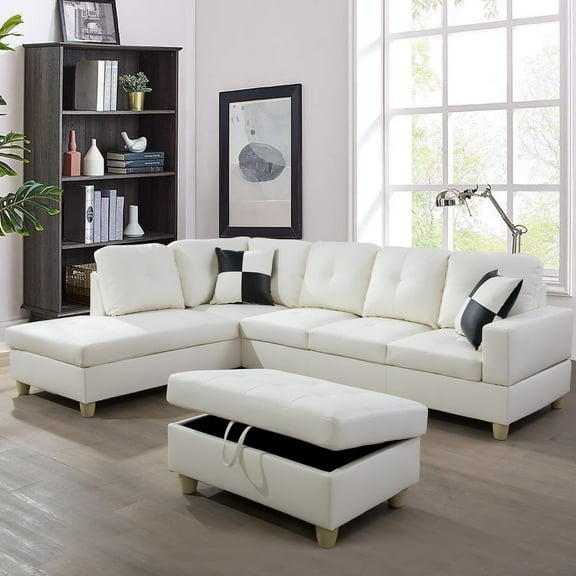 Wzlam Sectional Sofa Modern L Shaped 6 Seat with Storage Ottoman Couch Set, Faux Leather Sofa, White, Right Chaise