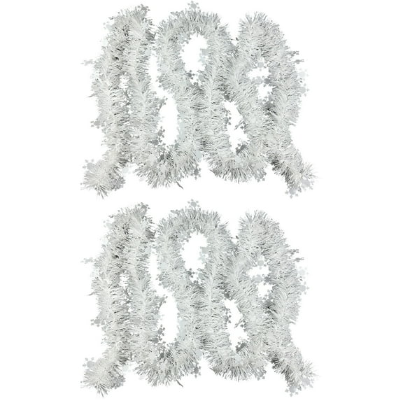 Wznxdo 6.5 FT Christmas Snowflake Tinsel Garland, White Metallic Twist Foil Tinsel Garland with Snowflake Xmas Hanging Decor for Christmas Tree Wedding Birthday Home Party Decoration