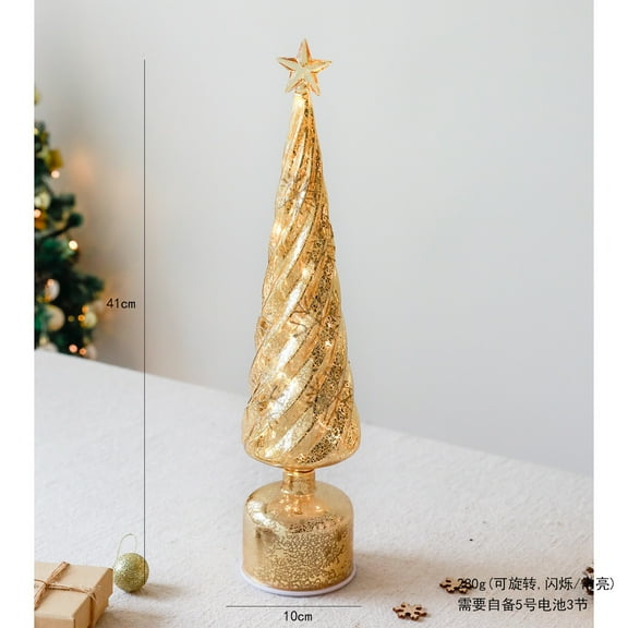 Wznxdo Rotating Glass Glitter Christmas Tree Light, Battery Operated Lit Clear Xmas Tree Figurine, Lighted Mercury Glass Decor Cordless Cone Crystal Xmas Tree Tabletop Lamp