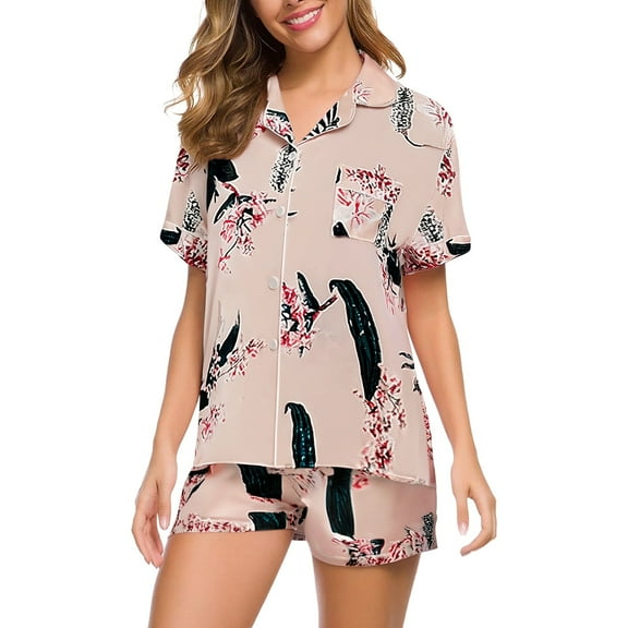 Wzxfashion PJ Sets for Women Soft Summer Short Sleeved Lapel Shirt Set Shorts Plus Size Home Clothes Womens Pajama Sets
