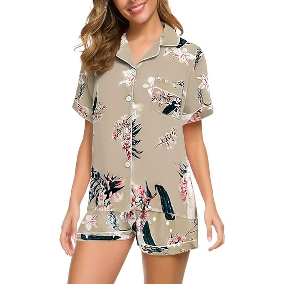 Wzxfashion PJ Sets for Women Soft Summer Short Sleeved Lapel Shirt Set Shorts Plus Size Home Clothes Womens Pajama Sets