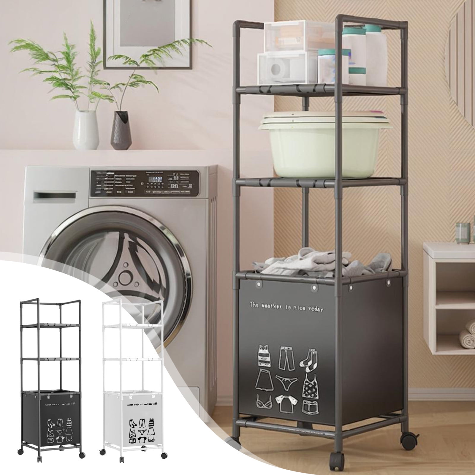 Wzzjkit 3 Tiers Laundry Hamper with Wheels, Tall Laundry Basket Sorter, Ladder Shelves with Clothes Organizer for Bathroom Bedroom
