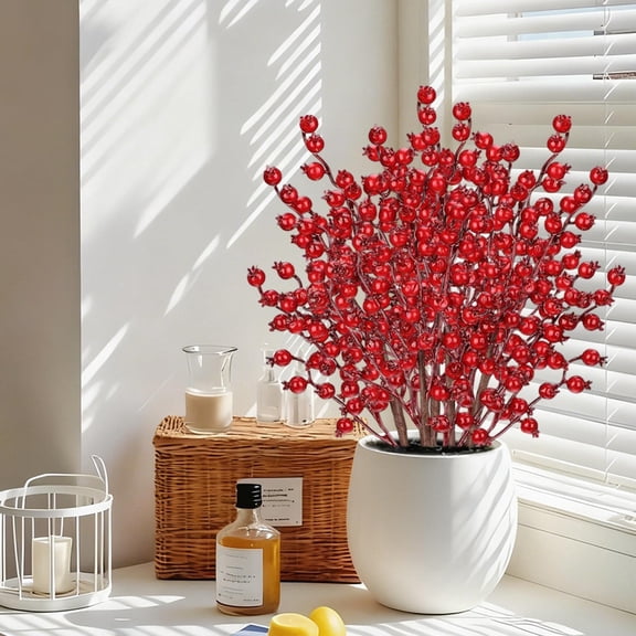 Wzzjkit 4 Forked Berry Branches Valentines Day Decorations Red Berry Long Stemss Artificial Flowers for Tall Vase, for Home Weddings Decor, Parties & Festival Gifts