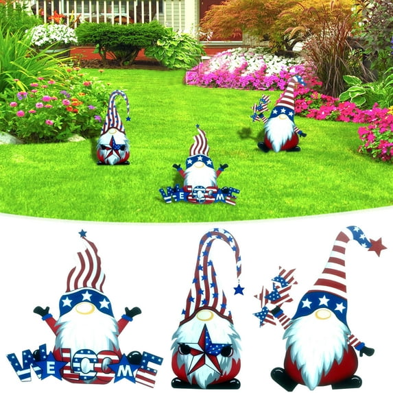 Wzzjkit 4th of July Garden Stakes, Patriotic Large Gnome Yard Stakes for Independence Day, Memorial Day, Veterans Day, Red White Blue Stakes for Gardening Patriotic Decor