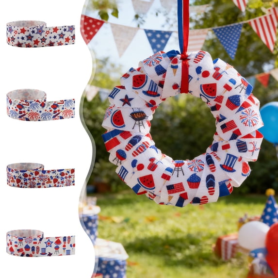Wzzjkit 4th of July Ribbon 177 Inches, Patriotic Ribbon Red White Blue Wired Edge Ribbon for Independence Day Decorations, Hair Bows, Gift Wrapping, Wreath Craft, Party Supplies