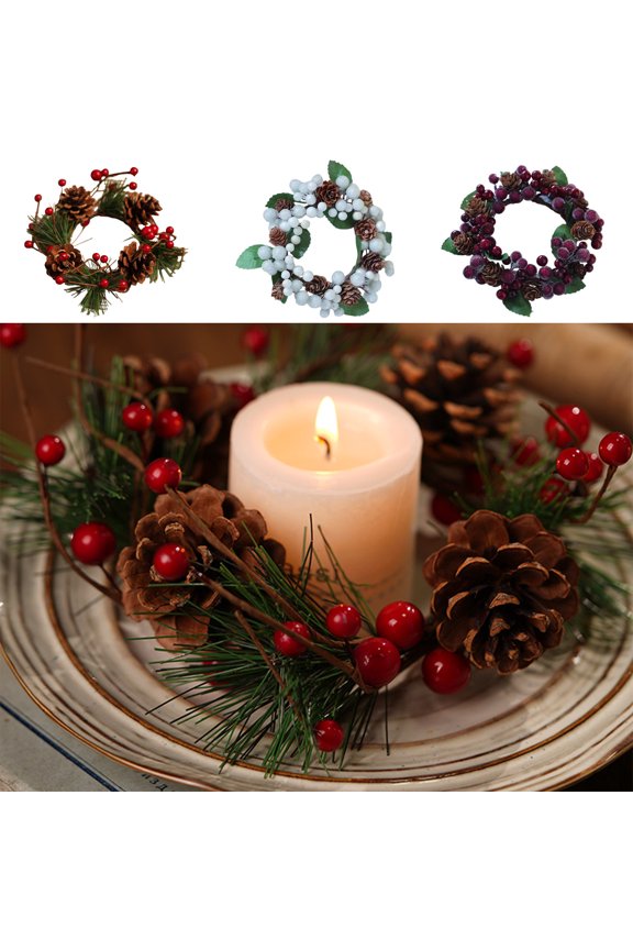 5in Christmas Candle Rings Wreath Artificial Candle Rings with Red Berry, Pines Garland Candle Ring Holder for Christmas Decorations Table Centerpiece