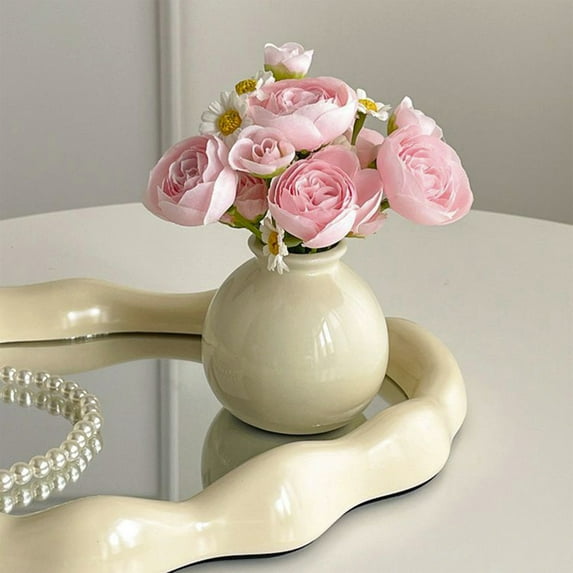 Wzzjkit Artificial Flowers for Decoration, Fake Flowers Artificial Bouquet Potted Flowers with Small Ceramic Vase for Tables Home Party Office Kitchen Dining Room Wedding