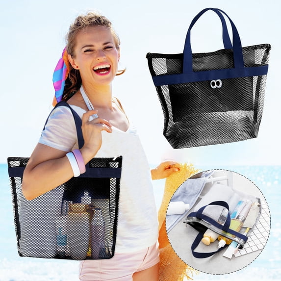 Wzzjkit Beach Bag, Lightweight Foldable Portable Tote Bag, Quick Dry Big Capacity Mesh Swimming Pool Bag for Women, Navy