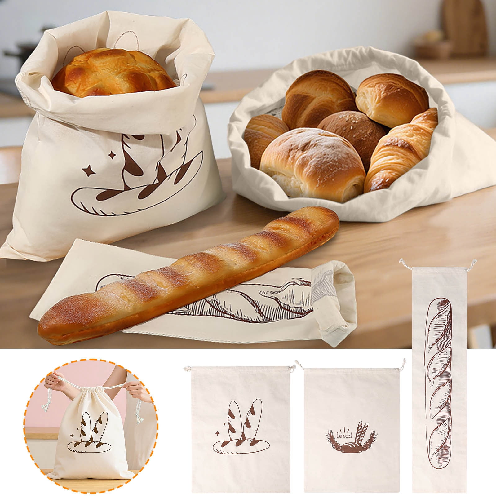 Reusable Linen Bread Bags - 2 Pack, 18"x14", Drawstring Closure With Plastic Liner