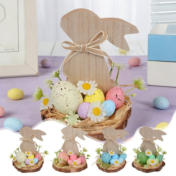 Wzzjkit Bunny Decor Easter Wooden Ornaments Rabbits Easter Eggs Flower Style Home Bucolic Style Desktop Cute Decoration Easter Bunny