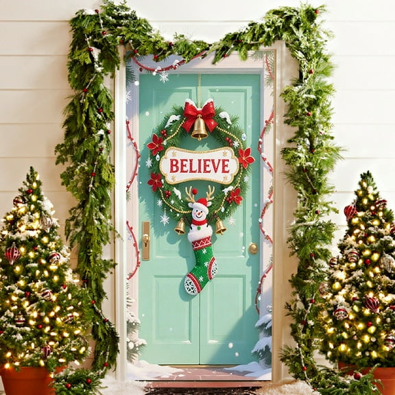 Wzzjkit Christmas Door Cover Merry Christmas Fabric Front Door Banner Xmas Ball and Wreath Background Doors Decoration for Holiday Indoor Outdoor Decorations, 71x35in