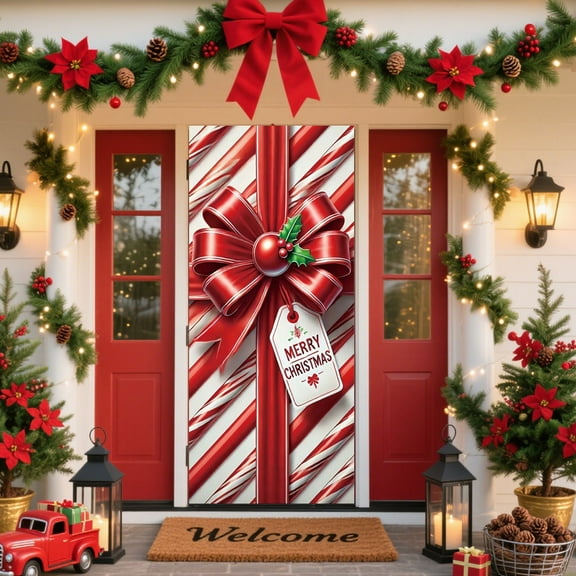 Wzzjkit Christmas Door Cover Merry Christmas Fabric Front Door Banner Xmas Ball and Wreath Background Doors Decoration for Holiday Indoor Outdoor Decorations, 71x35in