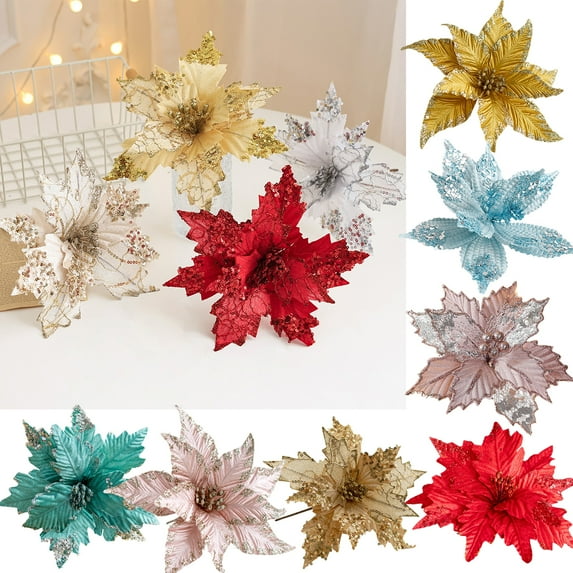 Wzzjkit Christmas Flowers Artificial Poinsettia Christmas Decor Glitter Poinsettia Christmas Ornaments Christmas Tree Flower Decorations with Stems Xmas Wreath Holiday Party Decor
