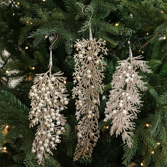 Wzzjkit Christmas Tree Decorations Champagne Color Shaped Powder Pearl Plastic Leaf Christmas Ornaments Pendant for Fireplace Mantel Indoor Outdoor Party Supplies