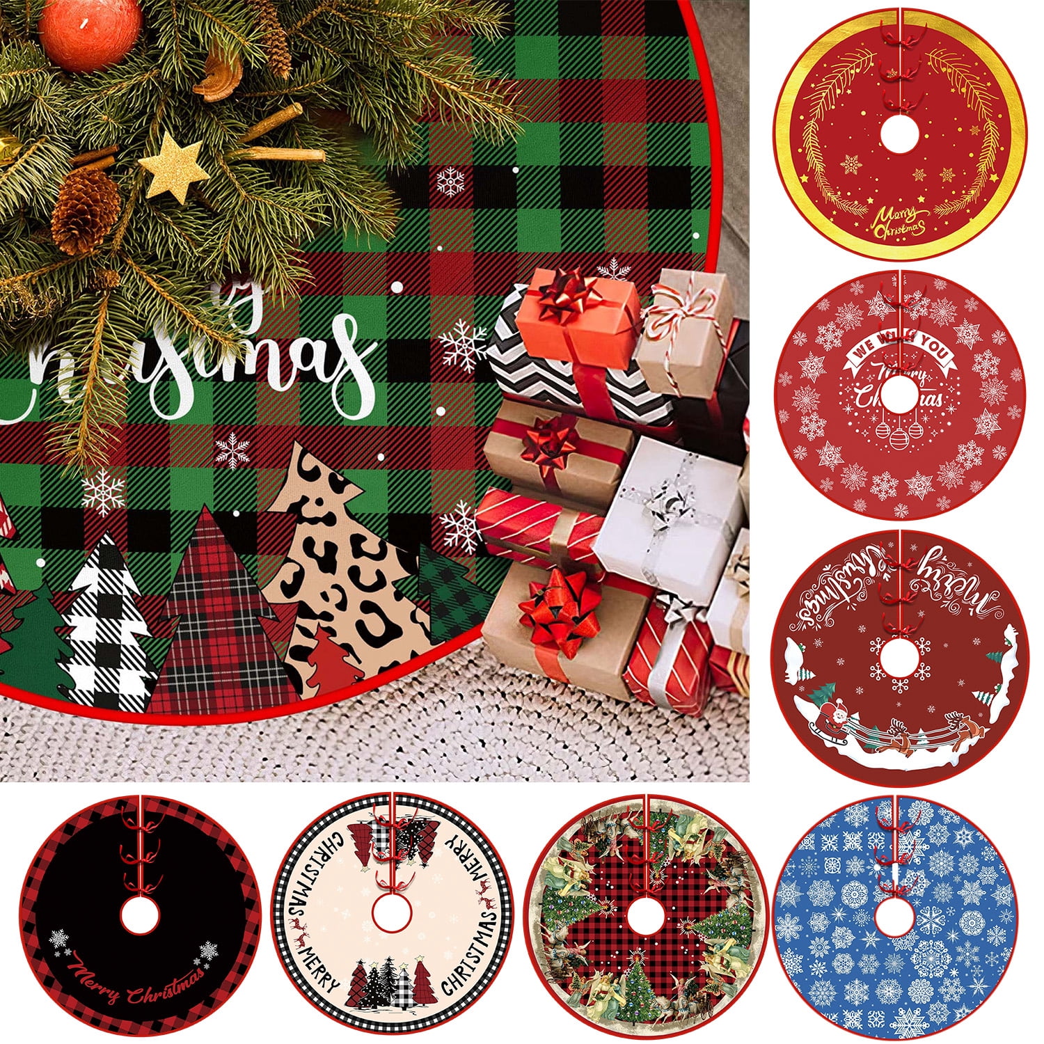 Wzzjkit Christmas Tree Skirt, Red and White Backgrond Snowflake Tree Skirt, Winter Xmas Tree Mat Decor for Home Party Holiday Decorations (Multiple Styles Available)