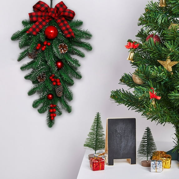 Wzzjkit Christmas Wreath with Lights, Hanging Stair Teardrop Garlands Christmas Decorations Front Door Wreath for Outdoor Indoor Party Wall Table Home Decor Brown Sign 16in